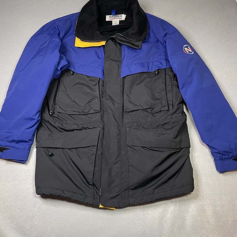 Vtg 90's Nautica Competition Jacket Mens XL black, blue/yellow, fleece, puffer
